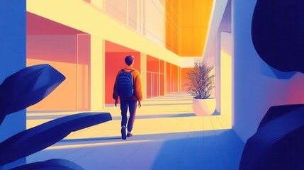 Young Person Walking Through Modern Colorful Architectural Space
