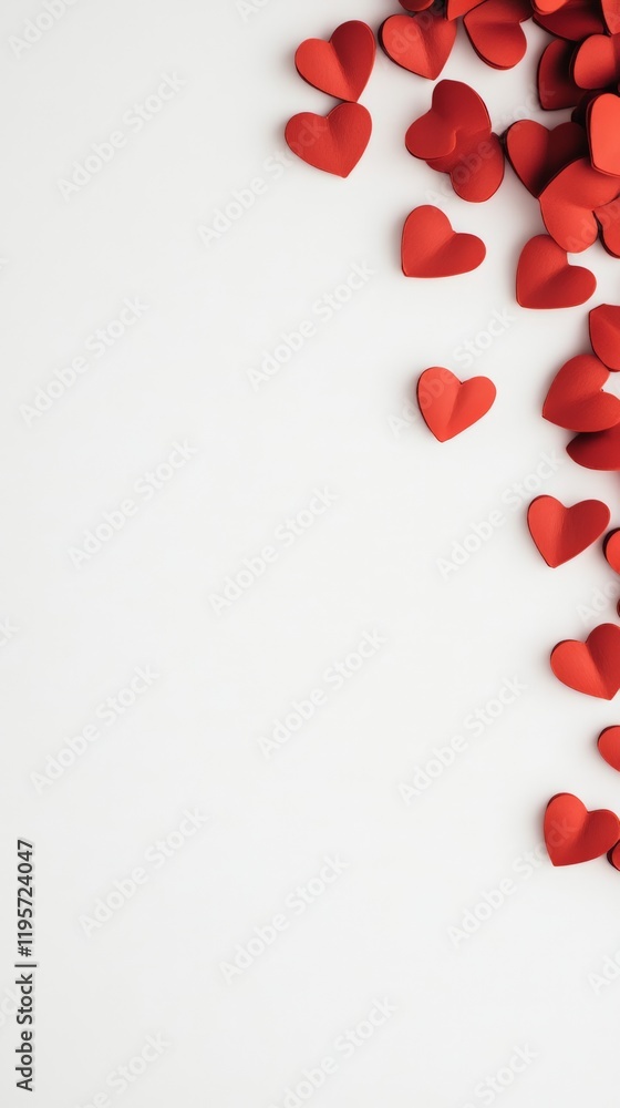 Aufkleber Numerous red paper hearts form a cascading border on a pristine white background. Creating a romantic and festive atmosphere perfect for valentine's day. Anniversaries. Or other celebrations of love