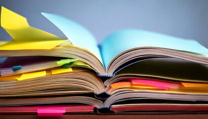 Stack of open books with colorful sticky notes, showcasing diligent study or research. Ideal for education, learning, knowledge, and back-to-school themes.  High-quality image perfect for websites,