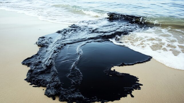 Oil spill on sandy beach near ocean waves causing environmental pollution