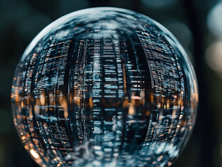Abstract globe reflecting lines of code.  Stunning visual for tech, data, AI, and global connectivity concepts. Ideal for websites, presentations, and social media.