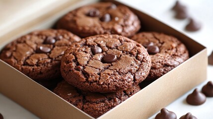 Fototapeta premium Deliciously baked chocolate cookies in a box, with chocolate chips scattered around, evoking warmth
