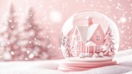 delicate snow globe containing a pink house surrounded by snow-covered trees, dreamy, pastel aesthetic with falling snowflakes, set against a soft pink background