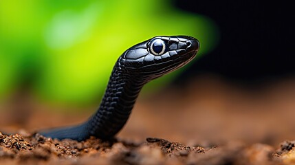 Obraz premium Black snake emerging from soil in natural habitat macro photography close-up view wildlife exploration