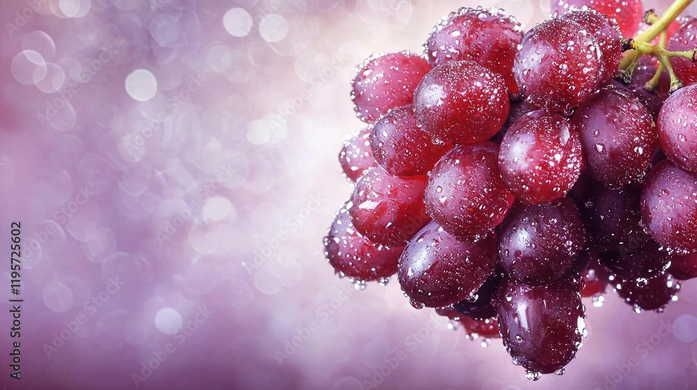 Poster a close-up of grapes on a branch with water droplets on top and bottom