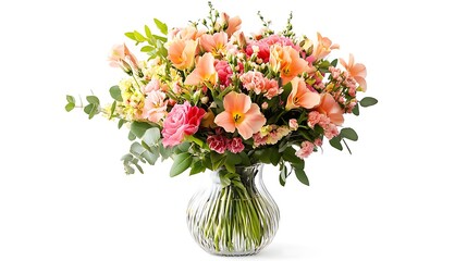 Obraz premium Peach flower bouquet in glass vase, studio shot, white background, floral arrangement