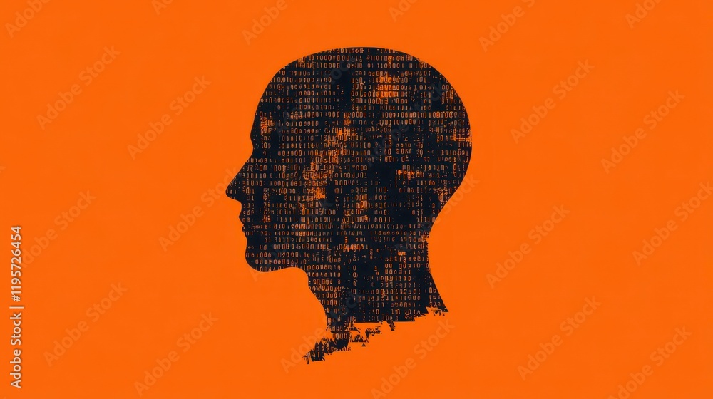 Poster digital silhouette of a human head composed of binary code, illuminated against a vibrant orange bac