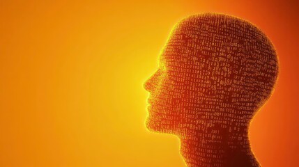 digital silhouette of a human head composed of binary code, illuminated against a vibrant orange background. This visual symbolizes artificial intelligence, data processing, and technological advance