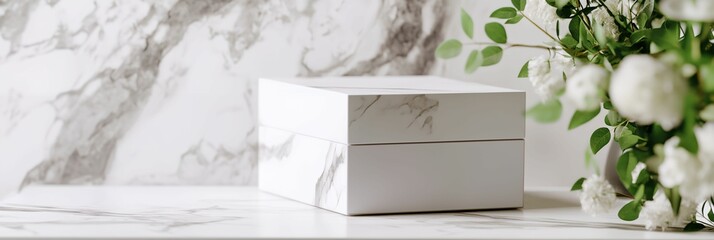 White box with a marble pattern sits on a marble countertop