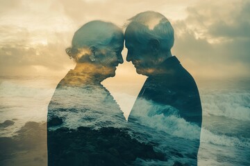 Elderly couple embracing with double exposure ocean sunset effect
