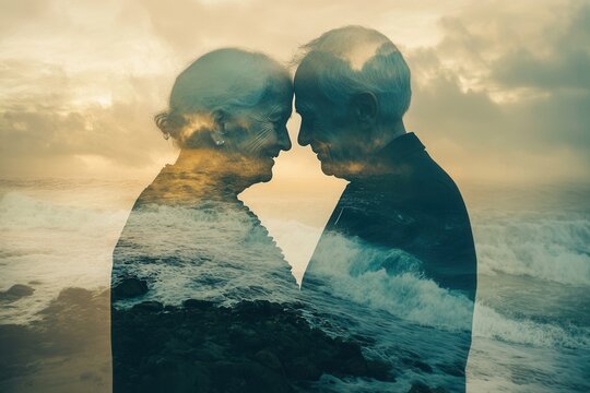 Elderly couple embracing with double exposure ocean sunset effect - Powered by Adobe