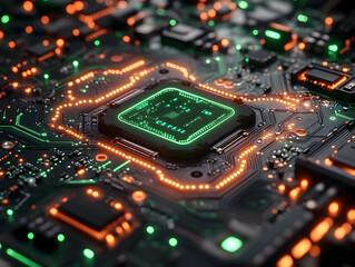 Obraz premium Futuristic Green Circuit Board with Glowing Processor Core in a High-Tech Environment