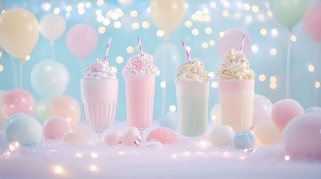 Dive into Pastel Dreams: Milkshakes and Sweets in a Fairylit Shop of Fantasy,パステルの夢に飛び込む:フェアリーライトの幻想の店でミルクセーキとスイーツと共に.Generative AI