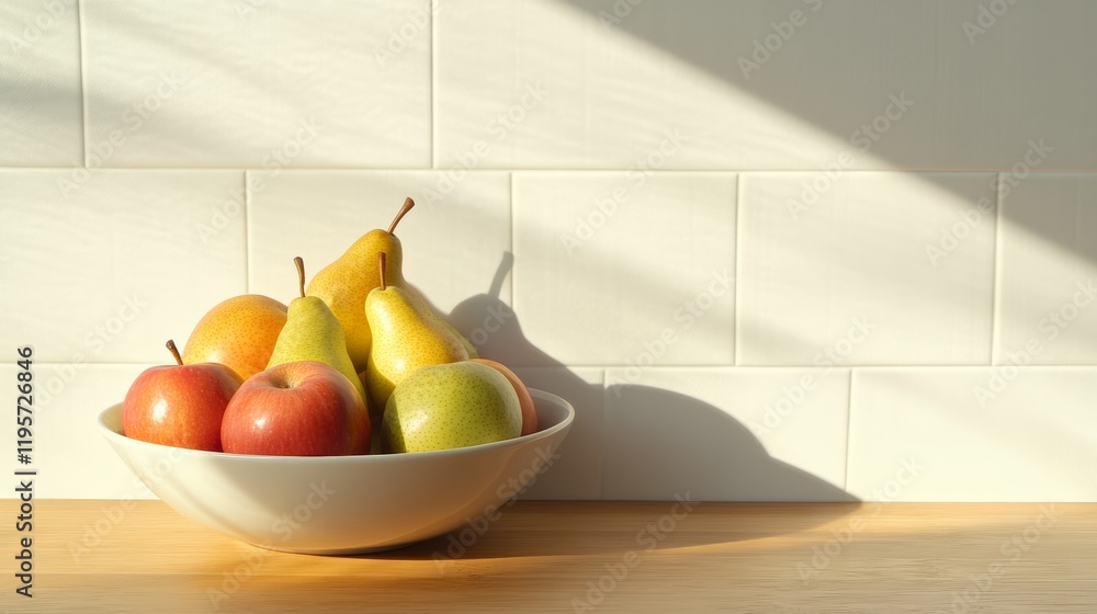 Poster sunlight illuminates a white bowl filled with ripe pears and apples, sitting on a wooden kitchen cou