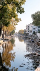 Workers actively engage in building an artificial dam by a small river in town, surrounded by houses and parked cars