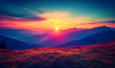 Fototapeta premium A panoramic view of the colorful sunrise with mountains in the background