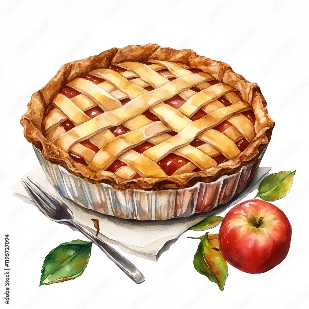 Poster pie with a fork and a slice of apple on a white background
