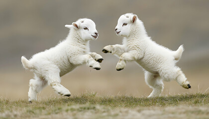Obraz premium Two white baby goats playing together in the grass