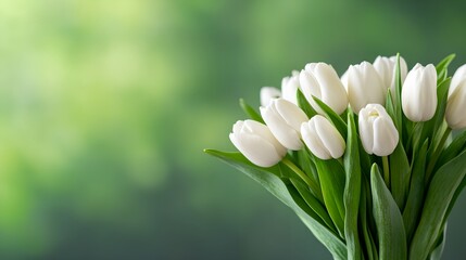 Bouquet of white tulips is displayed in a vase