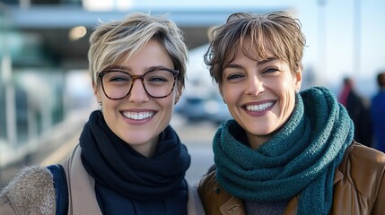 two middle age women smiling standing at outdoor winter season, best friend togetherness concept