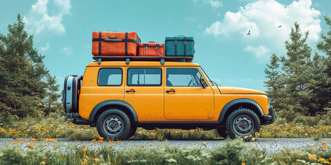 Yellow Car with Luggage on Top Driving on the Highway Featuring Travel Adventure and Car Commercial Photography Generative AI