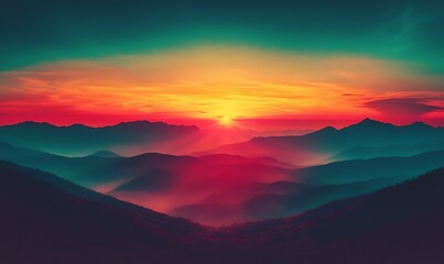 Obraz premium A wide view of the mountains at sunrise, with vivid colors and a cross-processed vintage