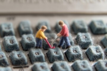 Miniature workers cleaning dusty keyboard with tiny tools