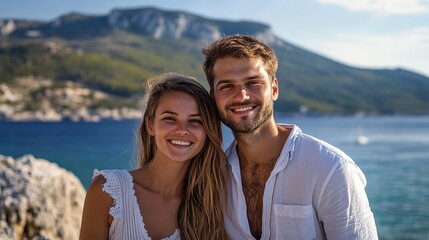 Obraz premium love couple woman and man smiling together at the hill top with blue ocean view background