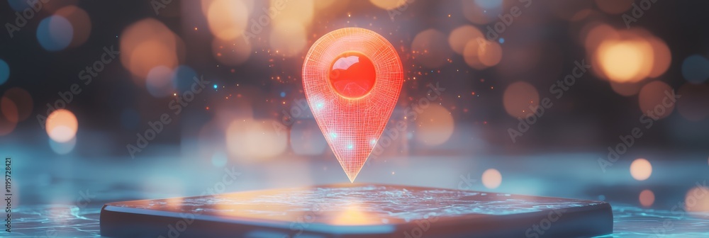 Fototapete glowing red location pin hovering over smartphone displaying map, highlighting innovative navigation