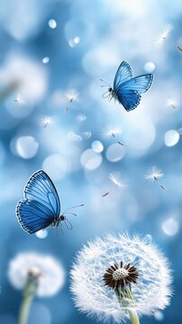 Fototapeta A butterfly rests on a dandelion while seeds drift in the air against a vibrant blue sky, capturing the essence of warm seasons