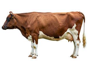 A full body side view portrait of a dairy cow with a brown and white spotted coat, standing on a white background.