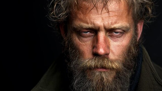 A rugged man with a pronounced beard and intense blue eyes stares directly at the viewer, set against a dark background that enhances his features and expression.