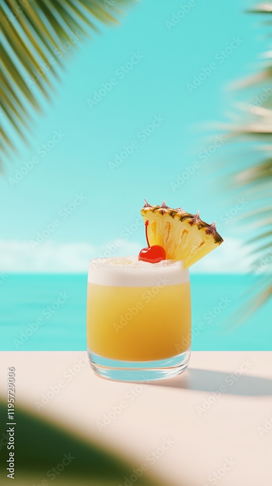 Poster refreshing tropical cocktail garnished with pineapple wedge and cherry, sitting on a table near the 