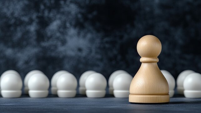 A distinctive blue wooden figure highlights individuality among a group of similar figures, symbolizing team dynamics and leadership.