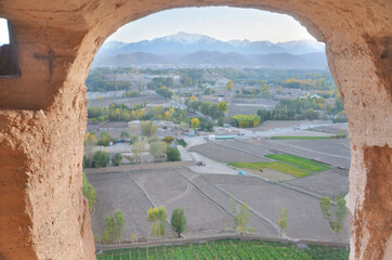 A rock with niches in which Buddha statues once stood in Bamian, Afghanistan