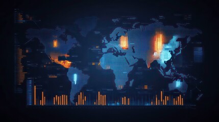 economics GDP analysis concept. A digital visualization showcasing vibrant blue and orange data bars representing statistical information on a dark background