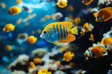 Naklejka premium Vibrant Marine Life in a Tropical Coral Reef Aquarium