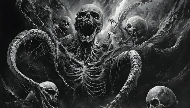 Venture into the abyssal realm of the netherworld, where eldritch horrors reign supreme and the macabre dance of souls plays out eternally. Eldritch. Illustration