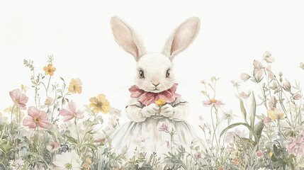 Obraz premium A white rabbit with a pink bow tie frolics amidst a field of colorful flowers and daisies