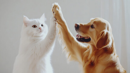 Golden Retriever and White Cat High Five