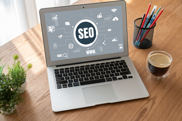 SEO search engine optimization for modish e-commerce and online retail business showing on computer...