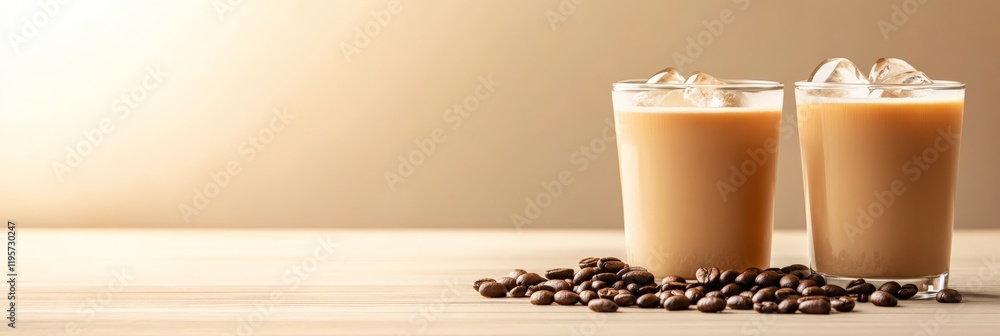 Poster Two iced coffees are sitting on a wooden table with ice cubes and coffee beans scattered beside them, creating a refreshing and inviting scene