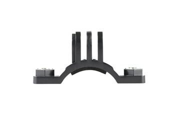 Black plastic fitting with metal thread on white background.