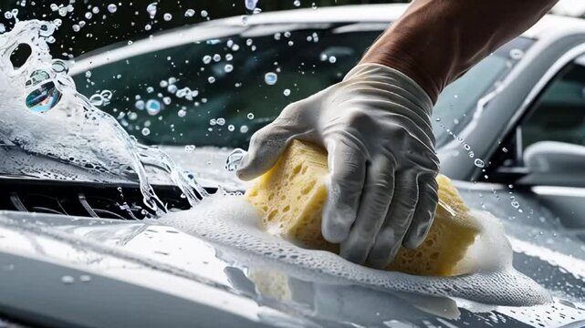 hand in glove washes car with sponge, foam, splashes