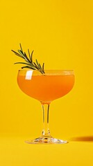 Fototapeta premium Elegant coupe glass filled with a bright orange cocktail, garnished with a sprig of fresh rosemary, stands out against a vivid yellow backdrop, creating a vibrant and refreshing summer scene