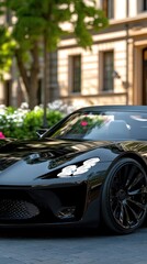 Fototapeta premium A sleek electric car showcases its detailed gray body and illuminated headlights against a soft-focus background in daylight