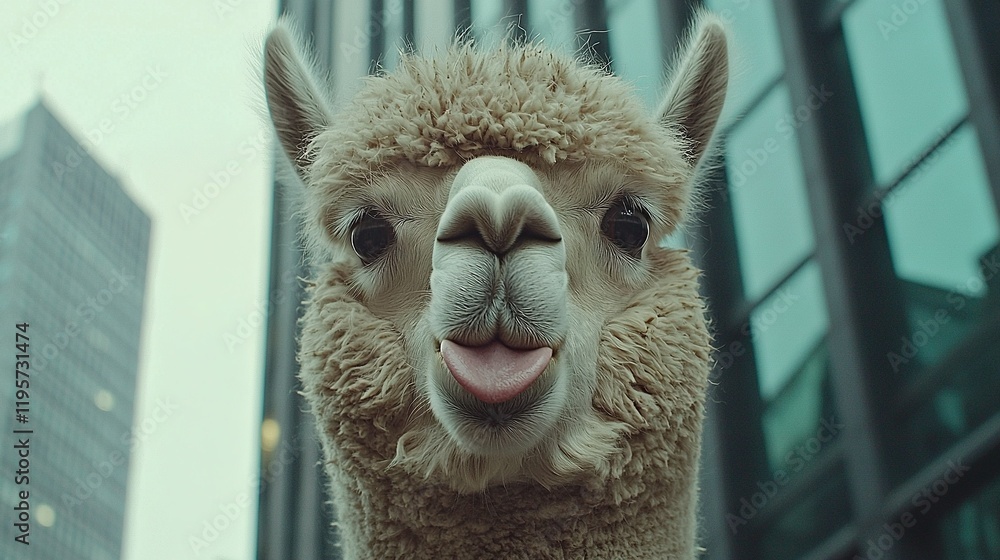 Poster close-up of a llama's face in front of a towering building with a skyscraper in the backdrop