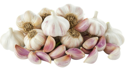 Group of garlic cloves resh and healthy, isolated on transparent background