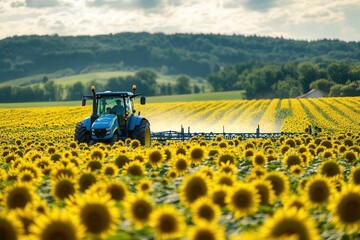 Fototapeta premium Blue tractor spraying a field of sunflowers on a sunny day