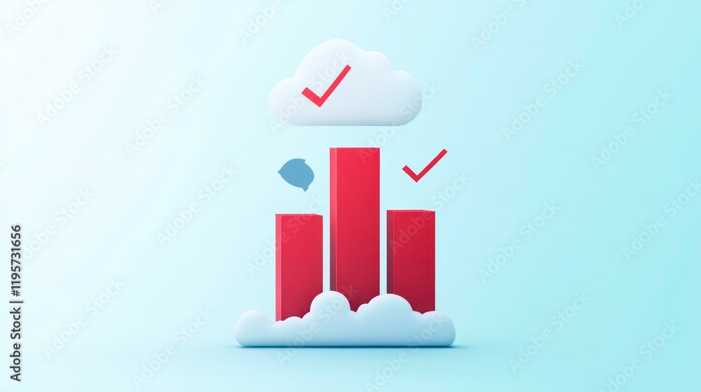 Poster 3d rendering of red bar graph, cloud computing, checkmarks, and speech bubble on light blue backgrou